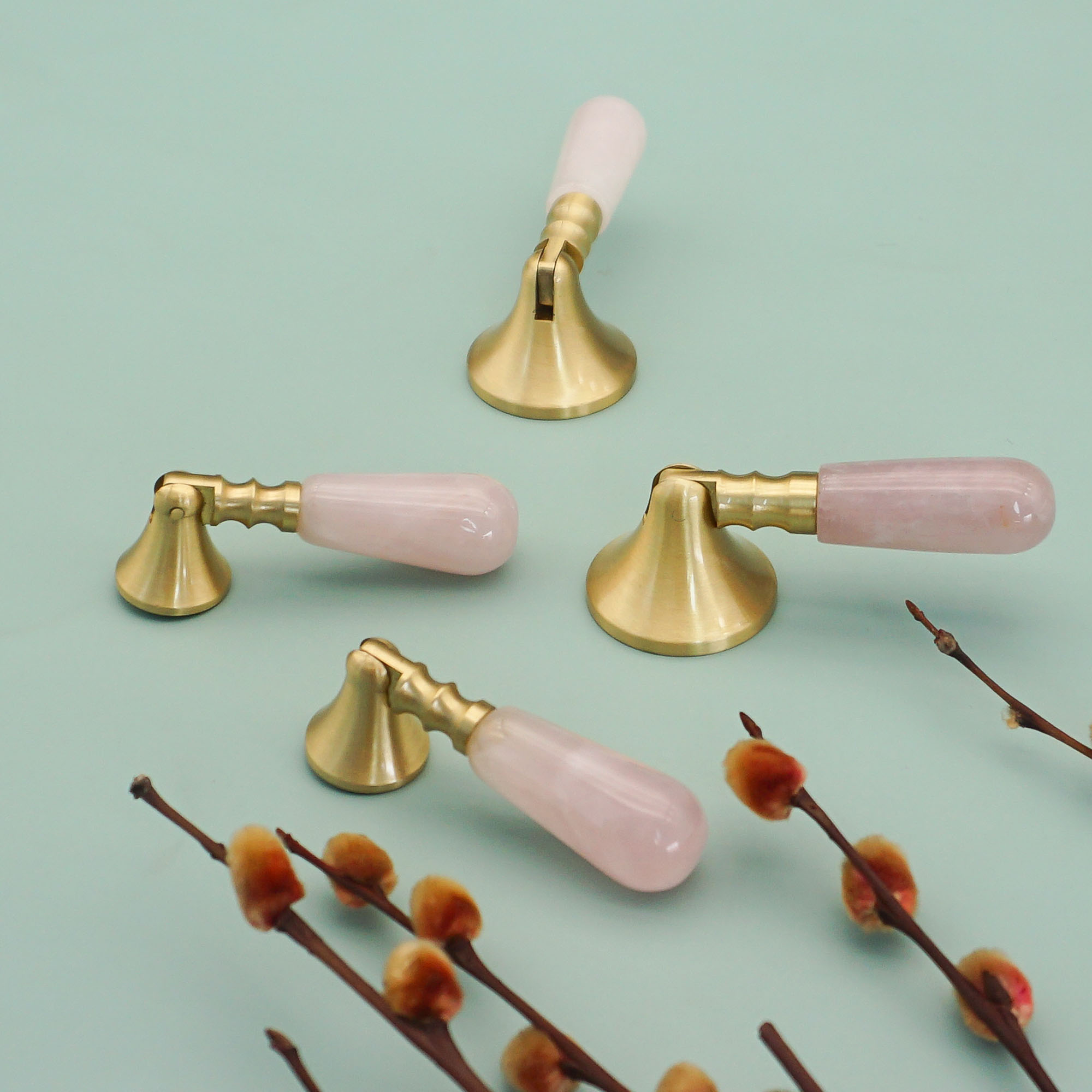 Furniture Hardware Drop Pulls - Roze kristal + messing deurknoppen en